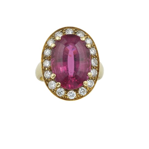 Rubellite and dimaond cluster ring