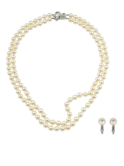 Collana a due fili e orecchini in oro bianco con perle e diamanti