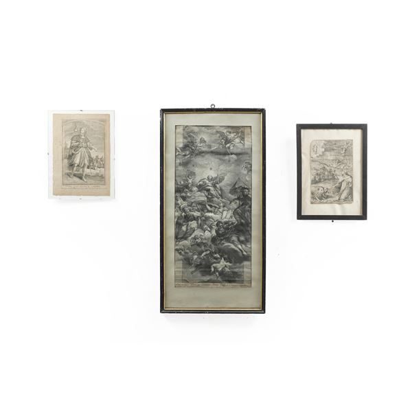 Incisori del XVIII-XIX secolo Tre stampe raffiguranti San Giacomo, Principi Laurenzi Alterio raffigurante Madonna, Monaco con Leoni