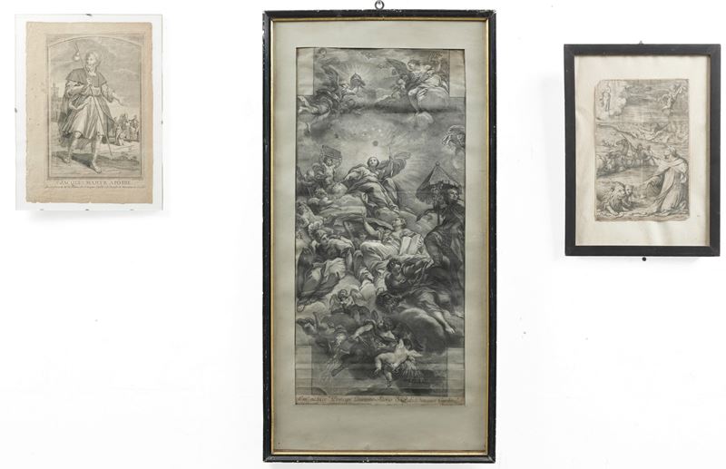 Incisori del XVIII-XIX secolo Tre stampe raffiguranti San Giacomo, Principi Laurenzi Alterio raffigurante Madonna, Monaco con Leoni  - Asta Antiquariato - Cambi Casa d'Aste