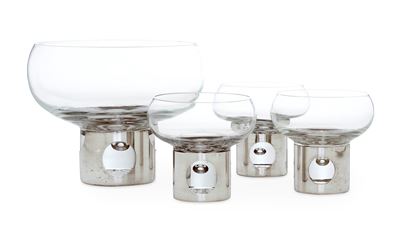 Antonio Francesco Cella, Bowl e tre coppe in argento con supporto in vetro (design James Rivière)...