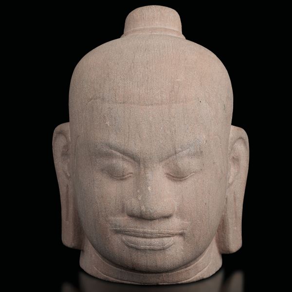 Testa in pietra raffigurante Re Khmer Jayavarman VII (1181-1218), Cambogia, XIX secolo