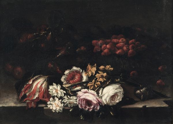 Natura con fiori e fragole
