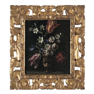 Scuola del XVII-XVIII secolo, Natura morta con vaso di fiori, olio su tavola