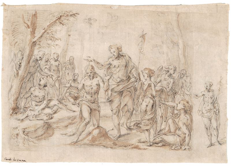 Scuola del XVI secolo Battesimo di Cristo  - matita nera, inchiostro bruno e acquerello su carta - Auction Old Masters Paintings - I - Cambi Casa d'Aste