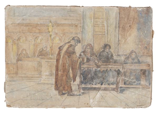 Scuola del XIX secolo Scena con frate e devote