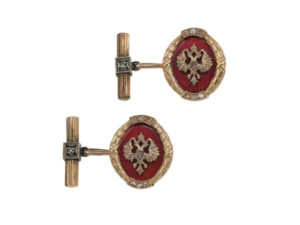 Pair of guilloché enamel and low-karat gold cufflinks. Russian hallmark's and workmaster's initials