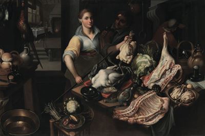 Scuola Fiamminga del XVI Secolo Interno di Cucina con Cuoca