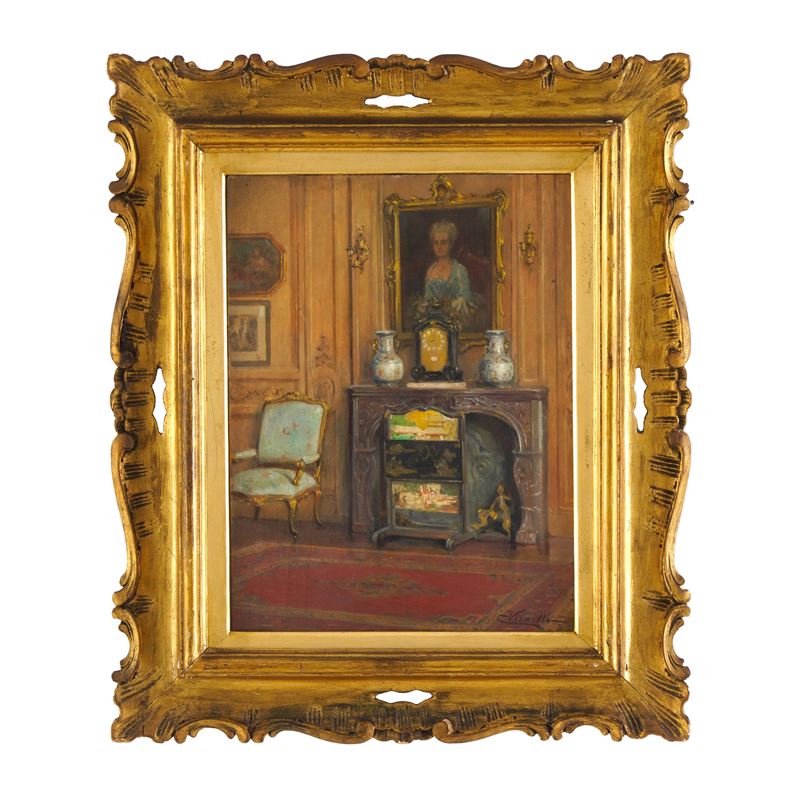Cesare Vianello : Interno con caminetto  - olio su tavola - Asta Antiquariato - Cambi Casa d'Aste
