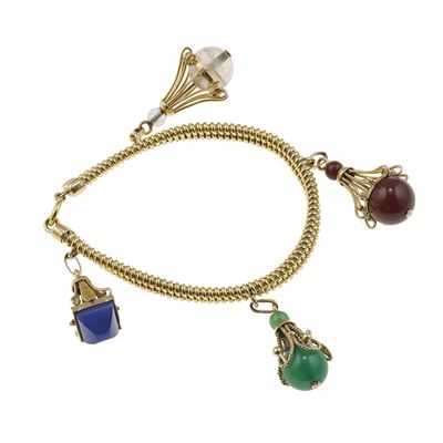 Bracciale in oro giallo 750/1000 con quattro pendenti in calcedonio e quarzo