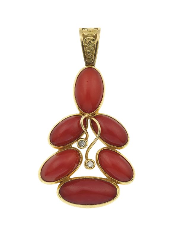 Coral, diamond and gold pendent
