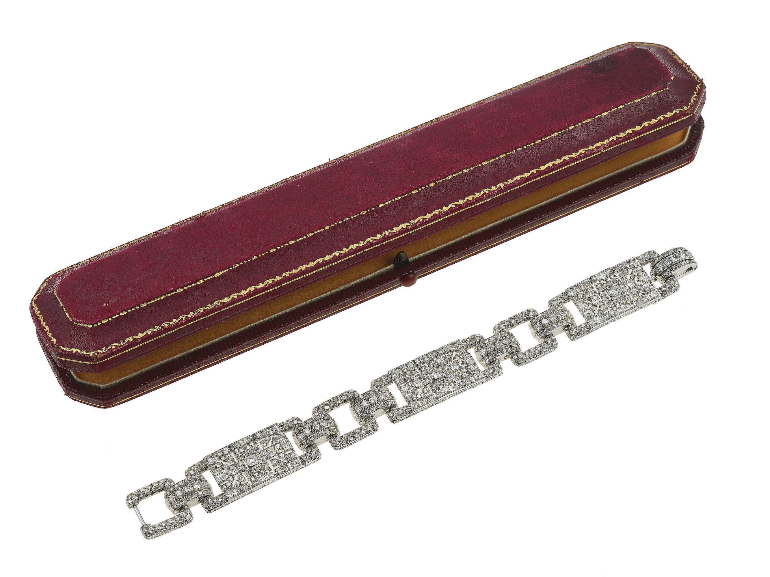 Bracciale in platino con diamanti di vecchio taglio, Huit-huit e baguette