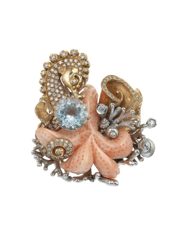 Coral, diamond, topaz and gold ring