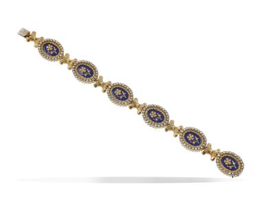 Bracciale con diamanti taglio rosetta e smalto blu, montatura in oro giallo e oro bianco 750/1000
