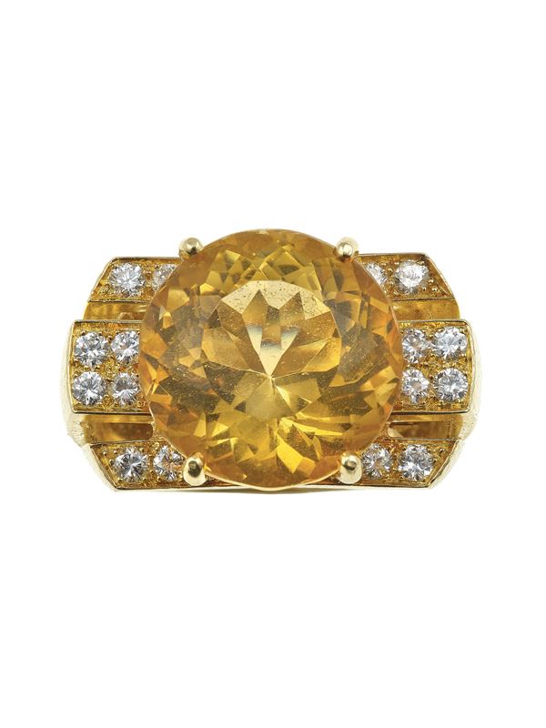 Citrine, diamond and gold ring. Signed WEBB