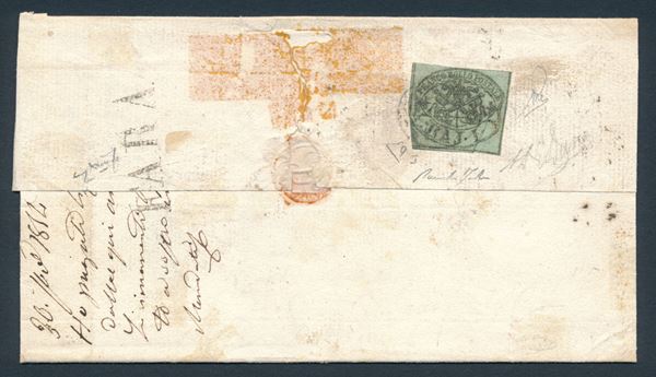 1854 - Stato Pontificio - I emissione - Porto Assegnato - Lettera da Fara a Rieti via Poggio Mirteto affrancata al verso, come tassazione, con 1 baj. verde grigiastro, stampa oleosa (Sass. 2b)