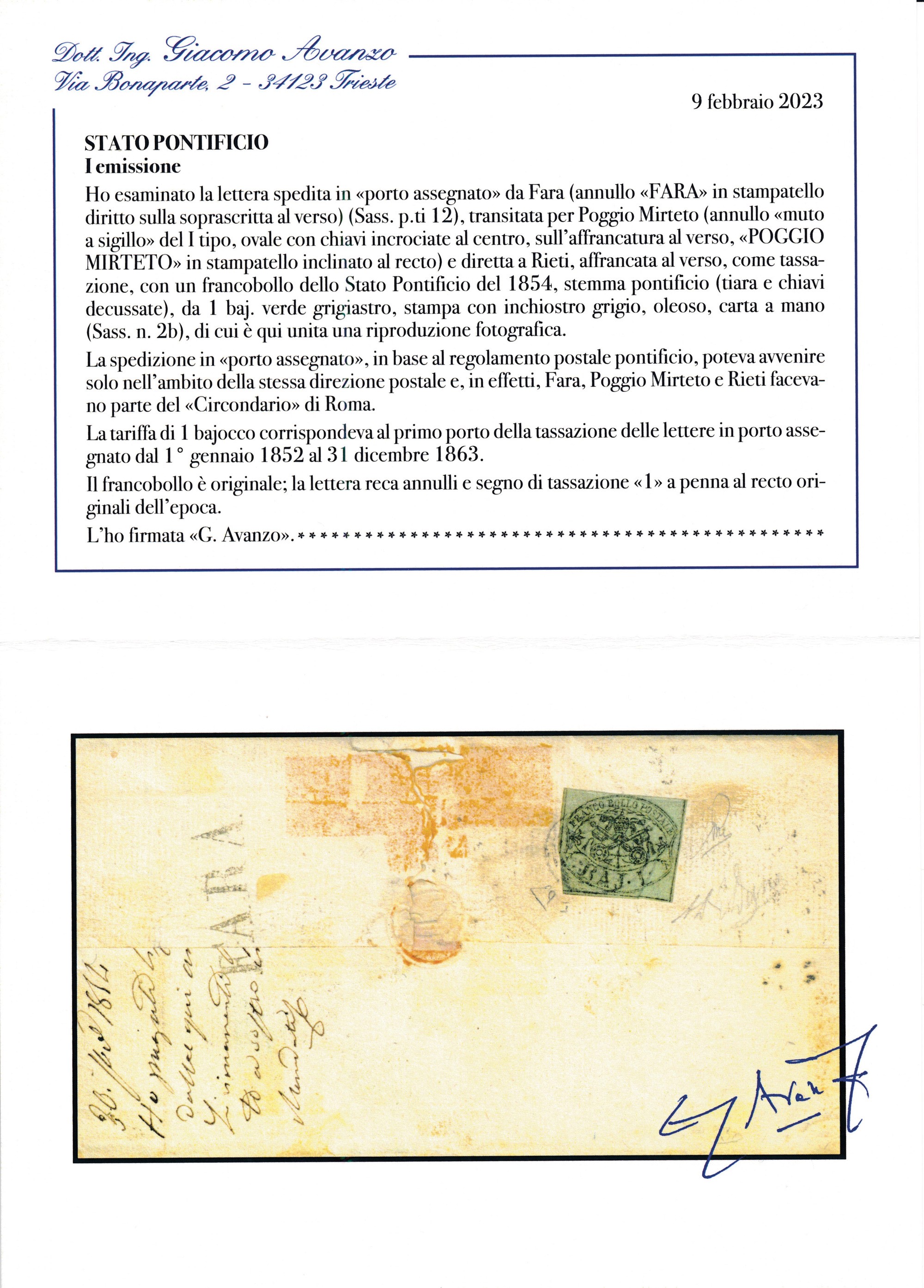 1854 - Stato Pontificio - i Emissione - Porto Assegnato - Lettera da Fara a Rieti Via Poggio Mirt...