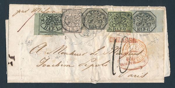 1852 - Stato Pontificio - I emissione - Lettera da Bologna a Parigi del dicembre 1852 affrancata per 20 bajocchi composti da cinque francobolli delle Stato Pontificio, 1852, 1 baj. verde grigiastro, 2 baj. verde giallastro, 5 baj. bianco rosaceo, 6 baj. grigio e 6 baj. grigio azzurro, carta a mano (Sass. n. 2, 3a, 6a, 7a e 7b) annullati con Annulli a doppio cerchio BOLOGNA.