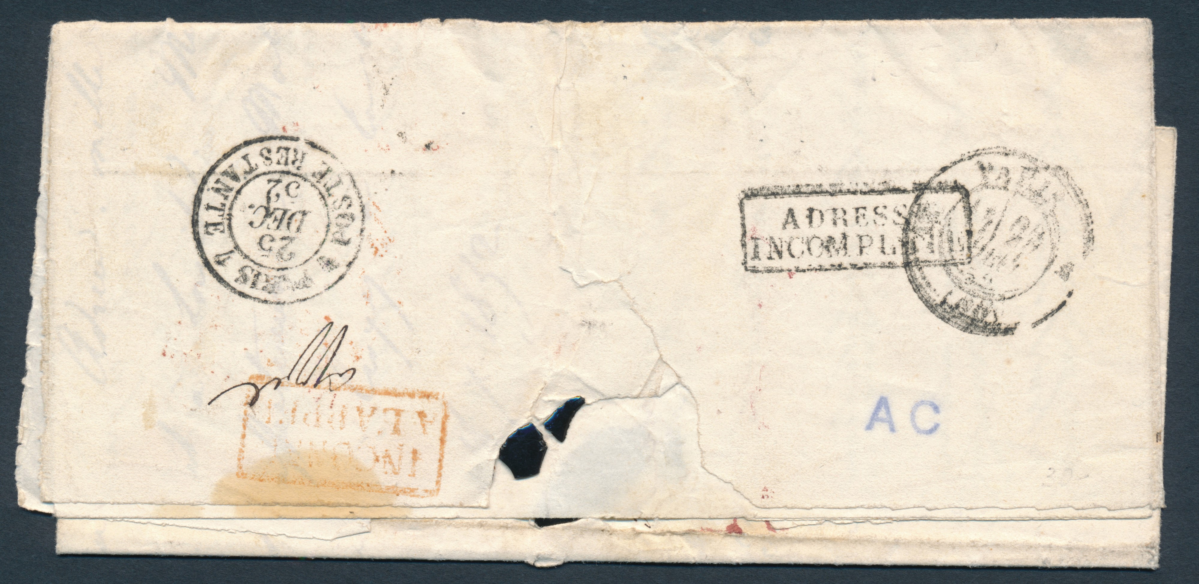 1852 - Stato Pontificio - i Emissione - Lettera da Bologna a Parigi del Dicembre 1852 Affrancata ...