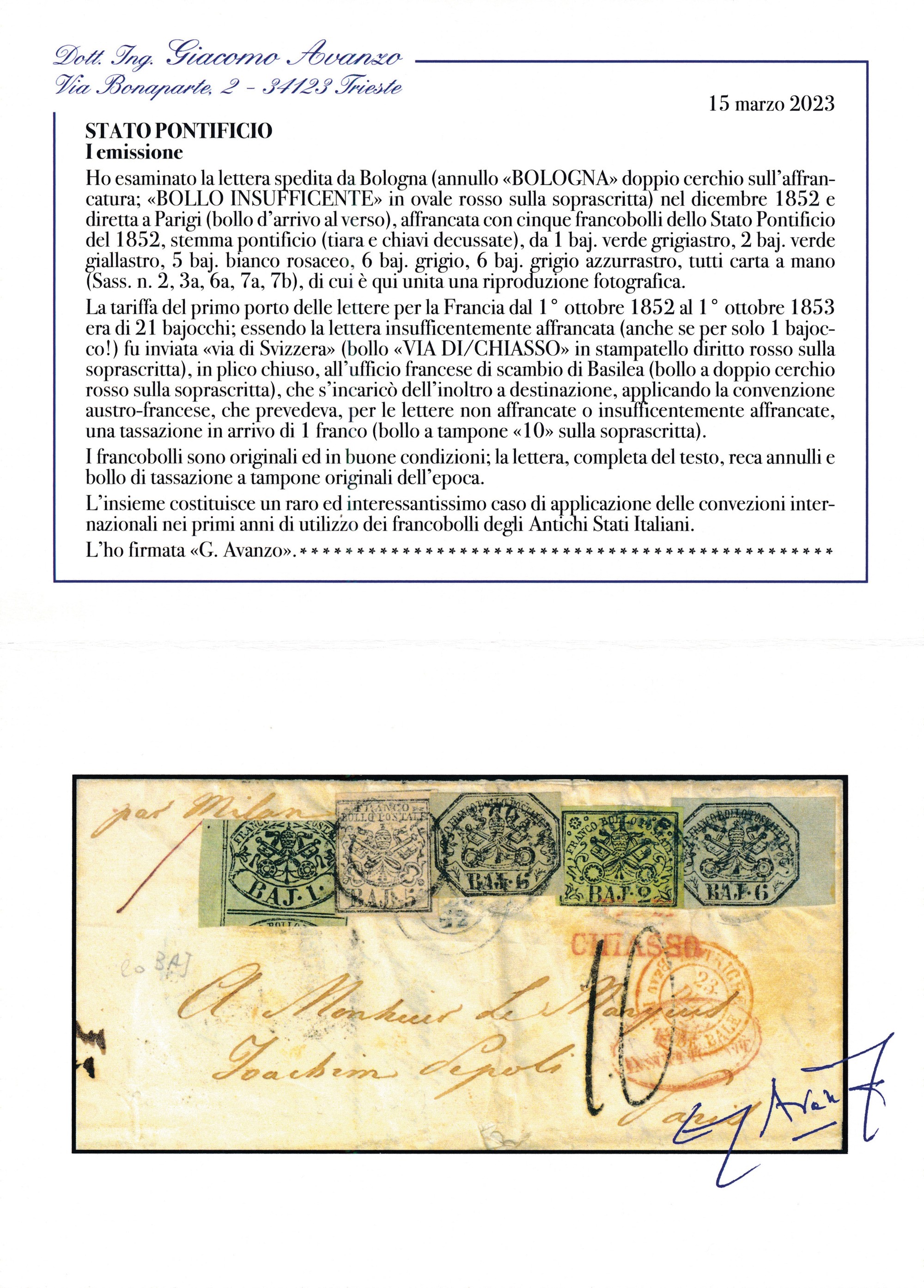 1852 - Stato Pontificio - i Emissione - Lettera da Bologna a Parigi del Dicembre 1852 Affrancata ...