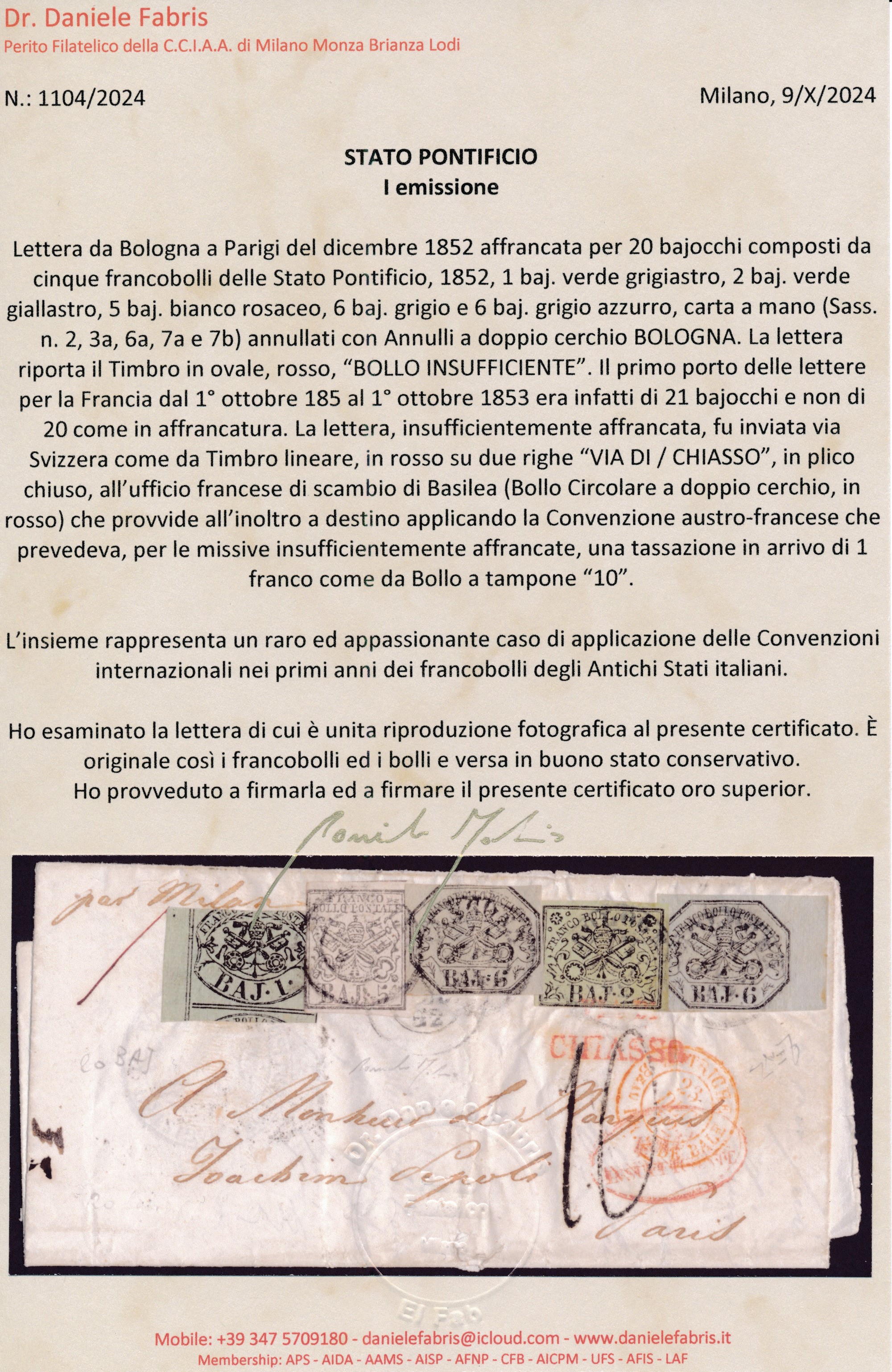 1852 - Stato Pontificio - i Emissione - Lettera da Bologna a Parigi del Dicembre 1852 Affrancata ...