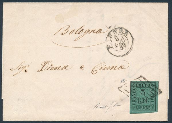 1859 - Romagne - Governo Provvisorio - Lettera da Faenza a Bologna dell’8 dicembre 1859 affrancata con 3 baj. verde scuro (Sass. 4)