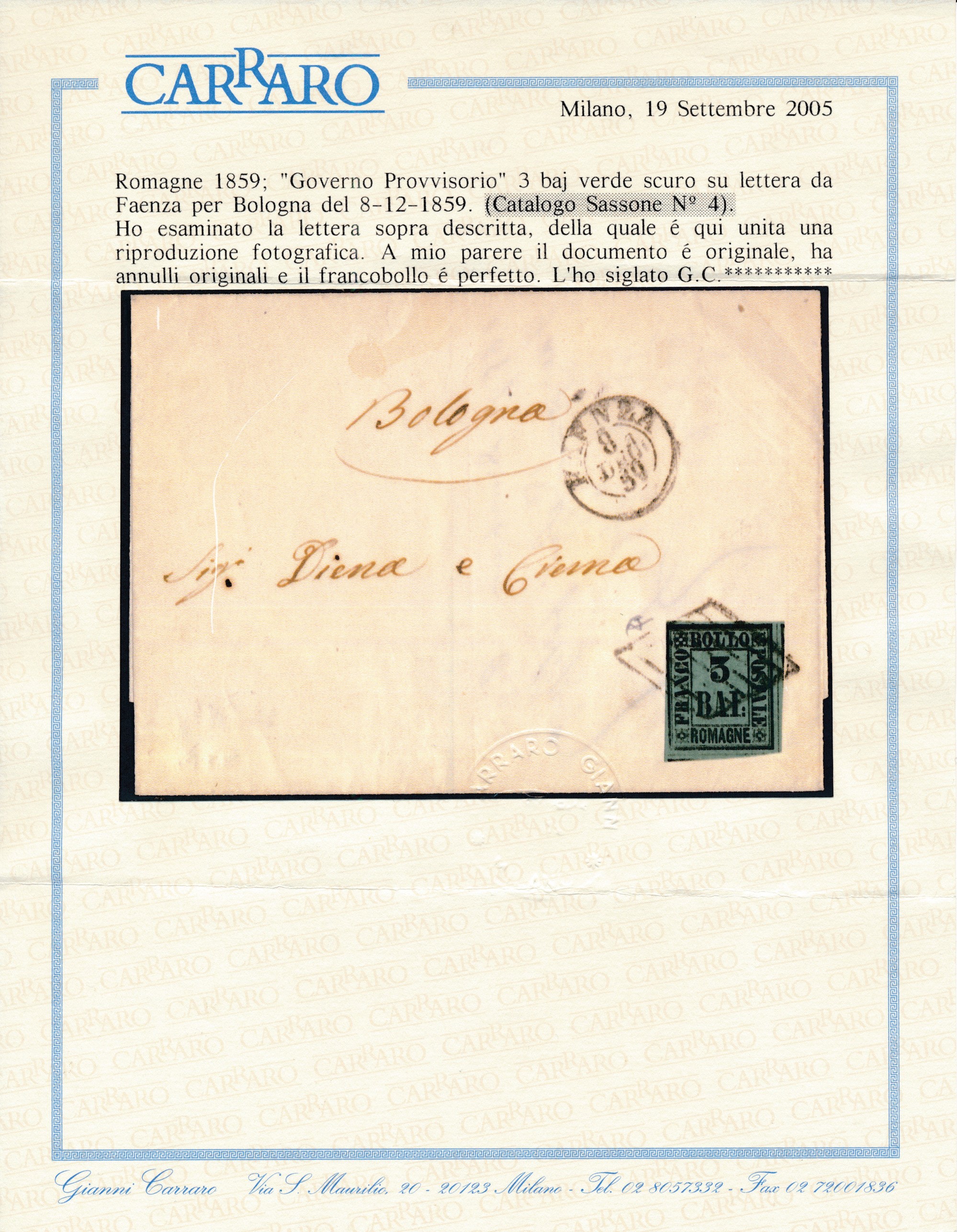 1859 - Romagne - Governo Provvisorio - Lettera da Faenza a Bologna Dell’8 Dicembre 1859 Affrancat...