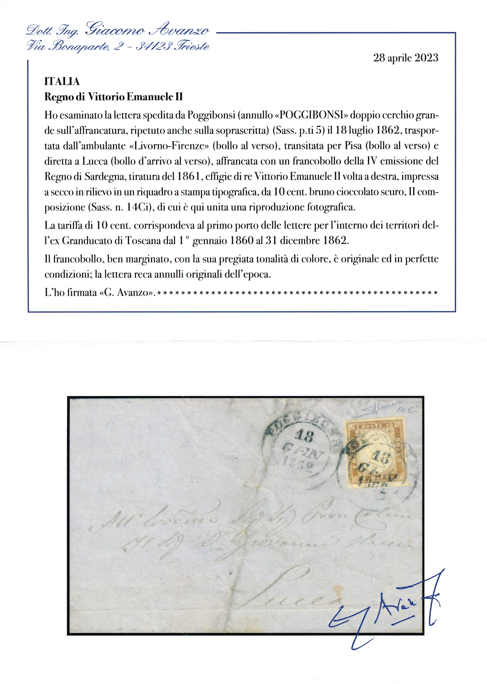 1862 - Regno D’italia - Lettera da Poggibonsi per Lucca Via Pisa Trasportata Dall’ambulante “livo...