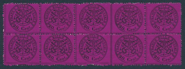 1868 - Stato Pontificio - 20 cent. solferino - Blocco orizzontale di 10 esemplari non dentellato verticalmente tra la terza e quarta fila (Sass. 28 e 28o)