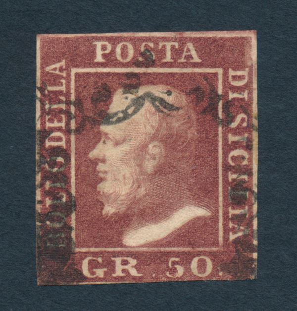 1859 - Sicilia - 50 grana lacca bruno (Sass. 14) annullato con parte di ferro di cavallo