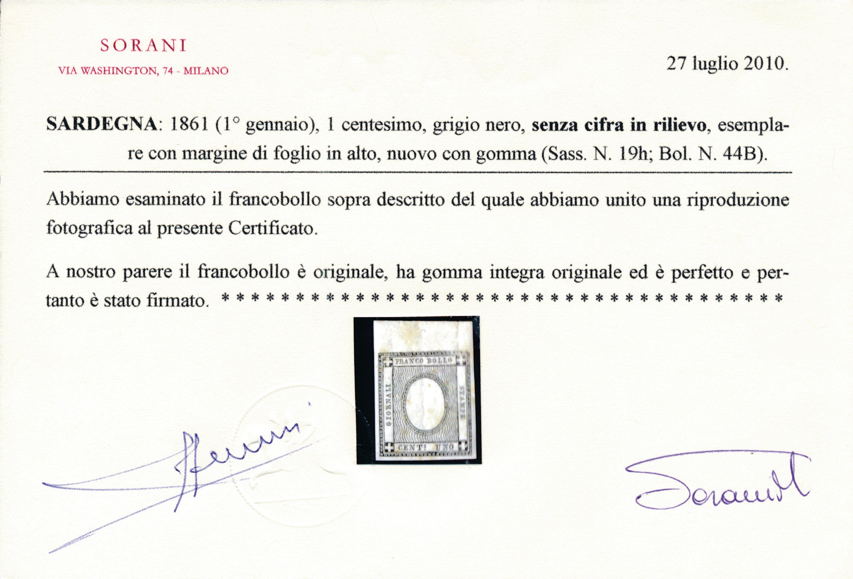 1861 - Sardegna - 1 Cent. Grigio Nero Bdf Senza Cifra in Rilievo (sass. 19h).
