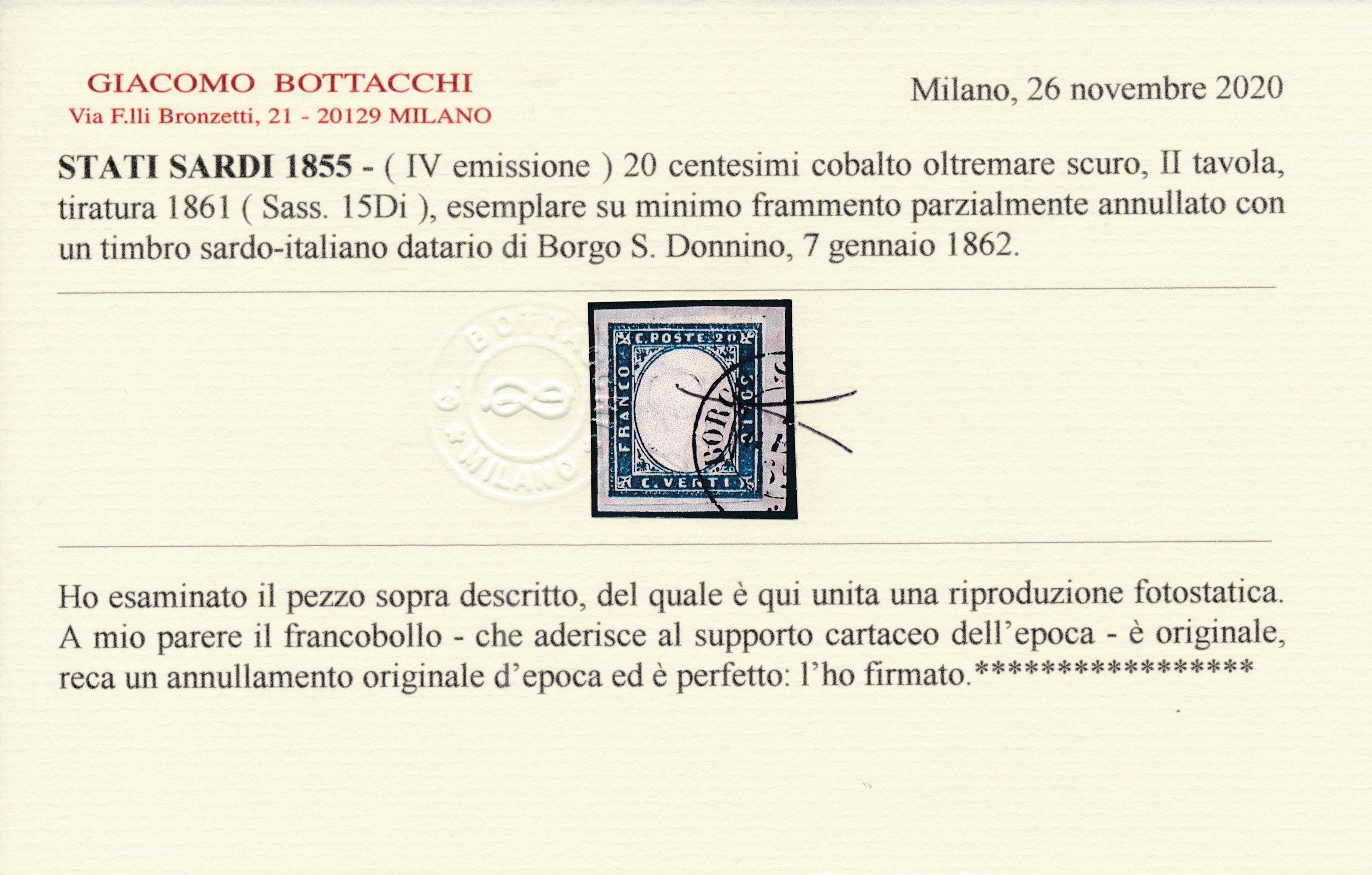 1855 - Sardegna - 20 Cent. Cobalto Oltremare Scuro, II Tavola, Tiratura del 1861 (sass. 15di) su ...