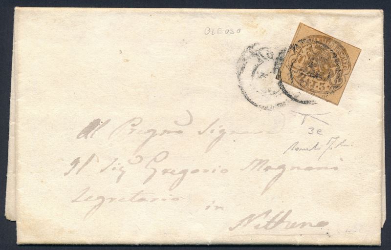 1854 - Pontificio - I emissione - Lettera da Roma a Nettuno del 6 ottobre affrancata con 3 baj. bistro arancio stampa oleosa (Sass. 4e) Bell’esemplare - Bottacchi, Fabris  - Asta Filatelia e Storia Postale - Cambi Casa d'Aste