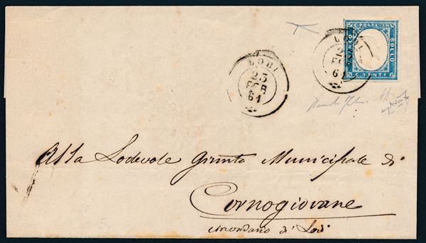 1861 - Regno d'Italia - Lettera da Lodi a Cornogiovane via Codogno e Maleo del 23 febbraio affrancata con francobollo sardo, IV emissione, tiratira del 1860, 20 cent. azzurro grigio (Sass. 15Cc).
