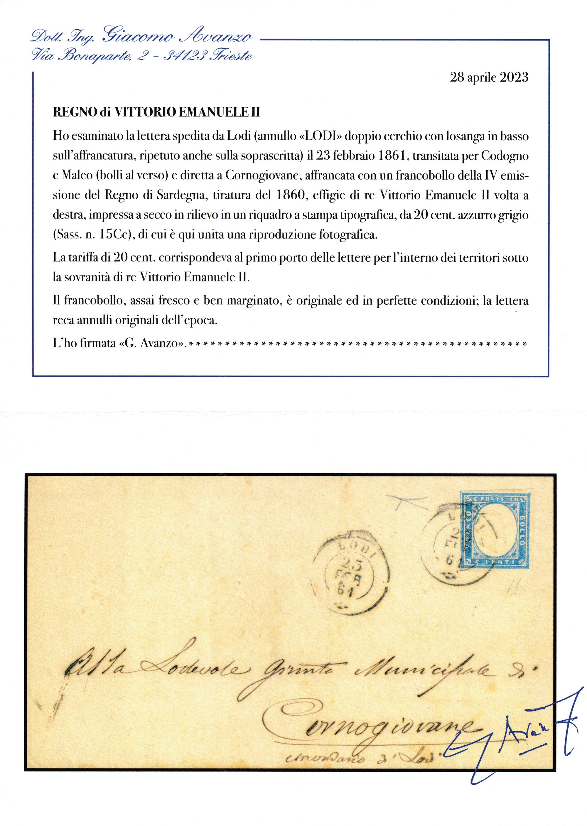1861 - Regno D'italia - Lettera da Lodi a Cornogiovane Via Codogno e Maleo del 23 Febbraio Affran...
