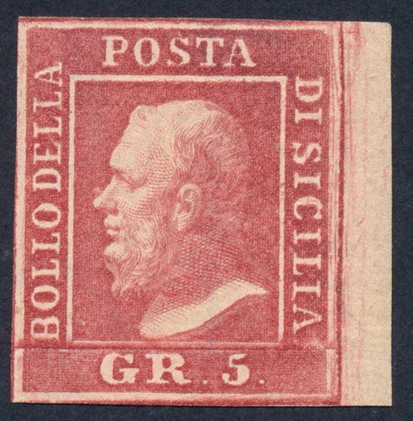 1859 - Sicilia - Effigie di Ferdinando II - Carta a macchina di Napoli - Stampa calcografica in fogli di 100 esemplari - Non dentellato. 5 grana rosa vermiglio bdf (Sass. 9e) gomma originale - Posizione 30.
