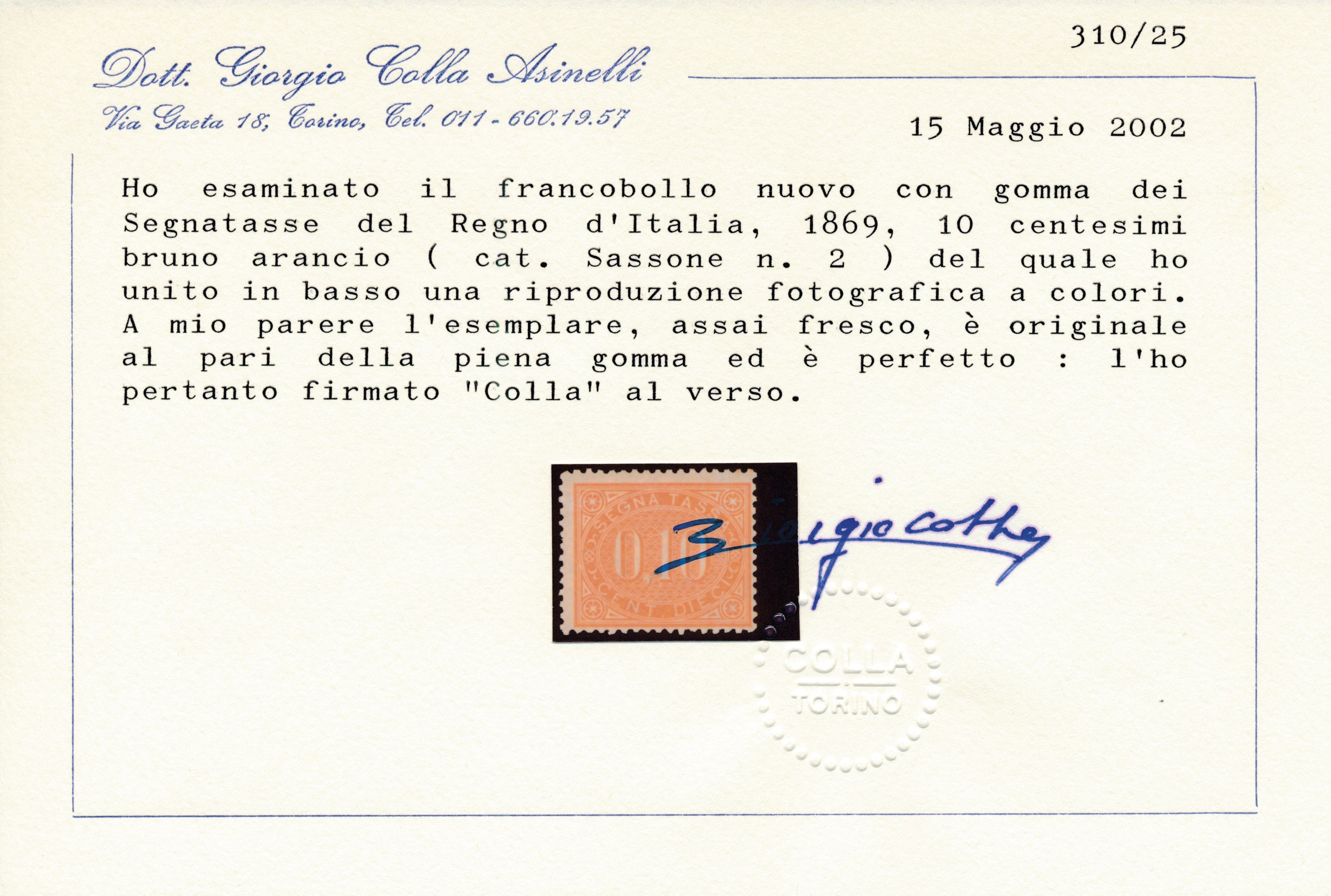 1869 - Regno D’italia - Segnatasse - 10 Cent. Bruno Arancio (sass.2).