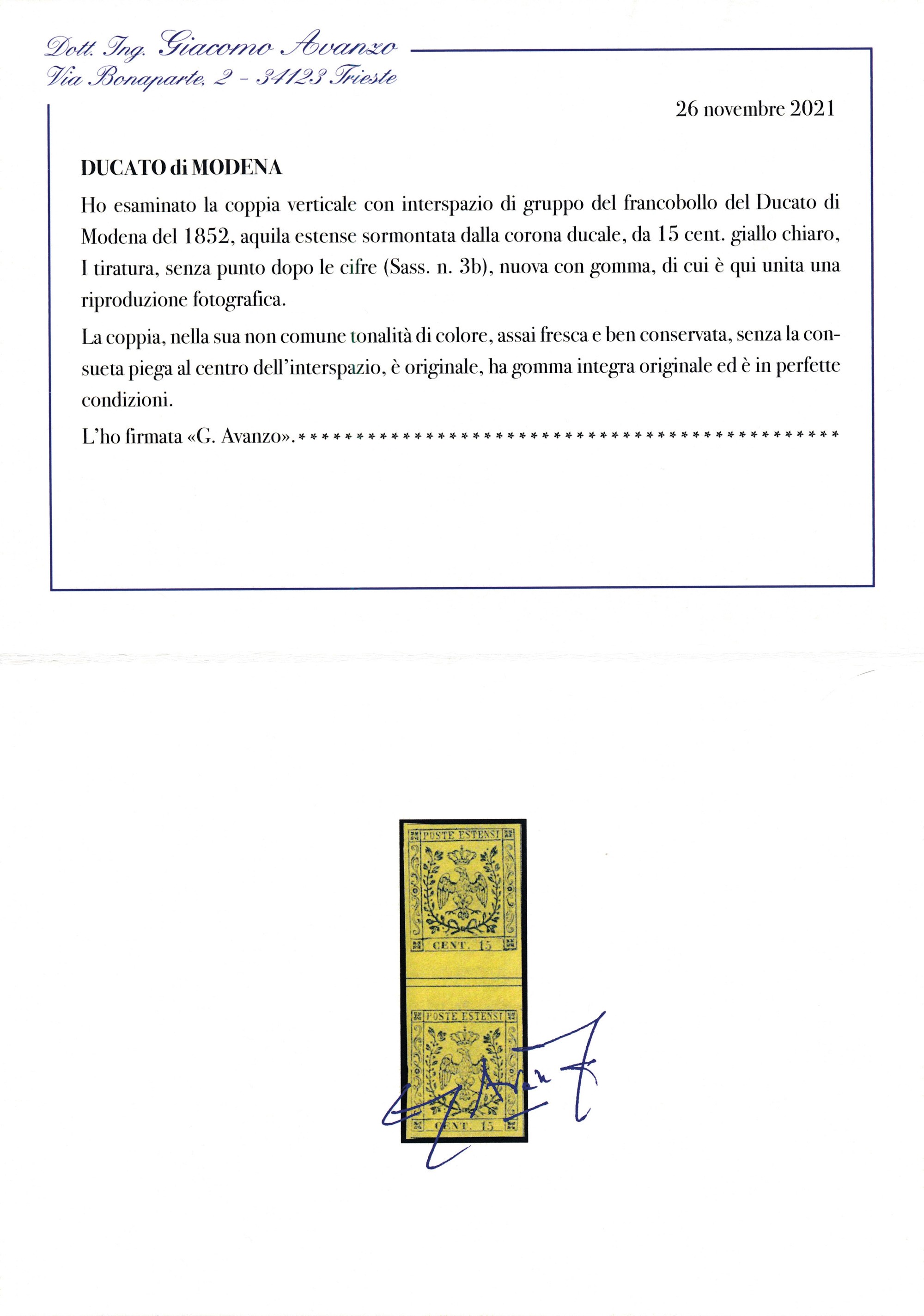 1852 - Modena - 15 Cent. Giallo Cromo Senza Punto Dopo le Cifre, i Tiratura, (sass. 3b) Coppia co...