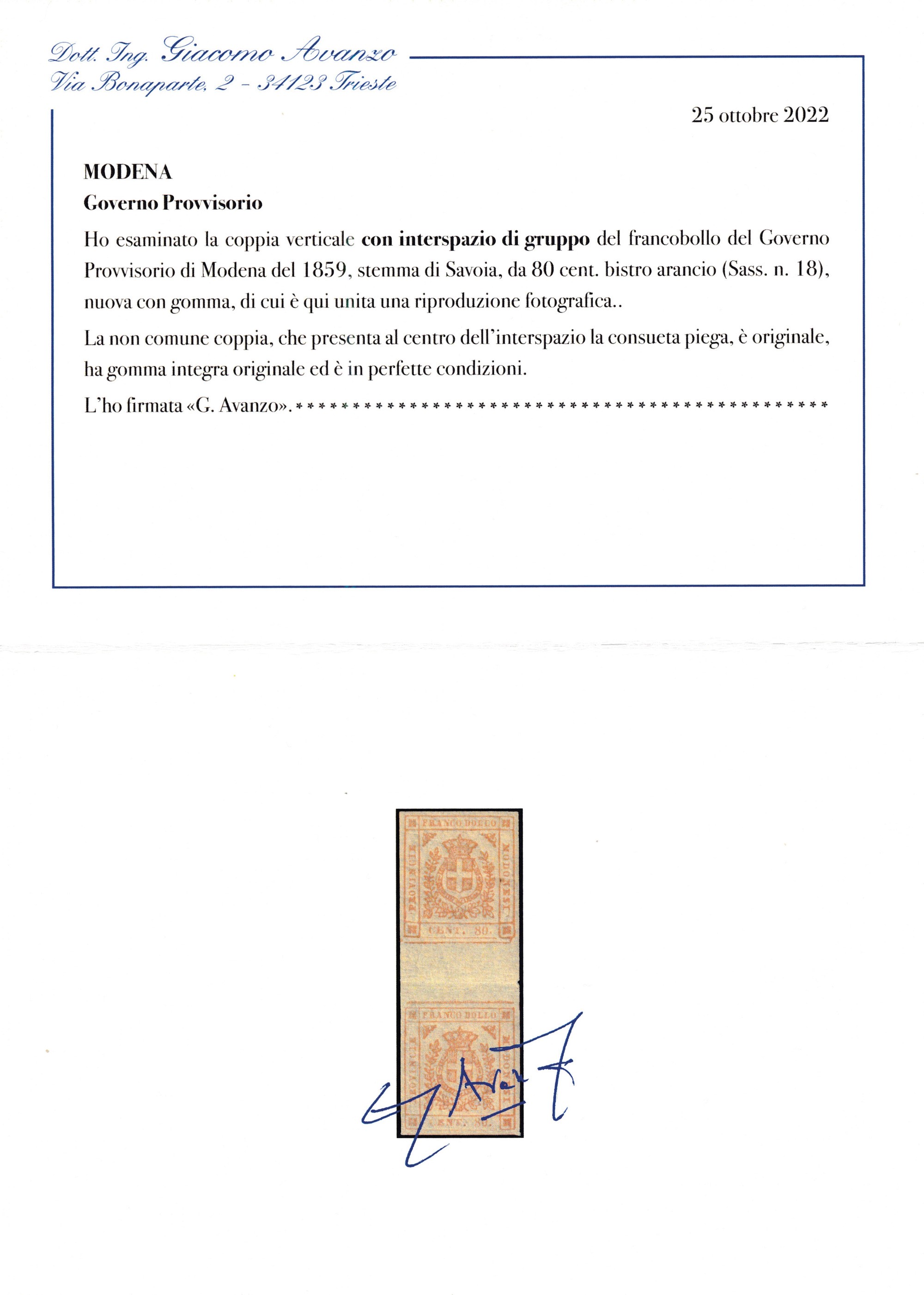 1859 - Modena - Governo Provvisorio - 80 Cent. Bistro Arancio (sass. 18) con Interspazio di Grupp...