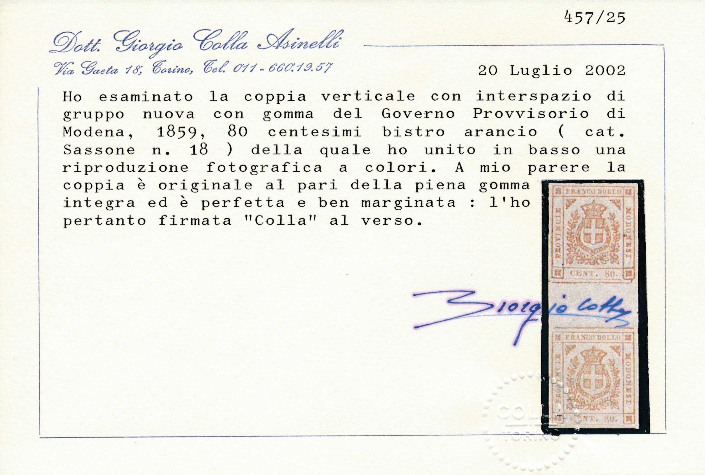 1859 - Modena - Governo Provvisorio - 80 Cent. Bistro Arancio (sass. 18) con Interspazio di Grupp...