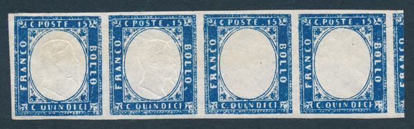 1863 - Regno d’Italia - 15 cent. azzurro - Striscia orizzontale, nuova, di tre formata dal secondo, terzo e quarto esemplare con la varietà: secondo e terzo esemplare senza effige (Sass. 11nb).