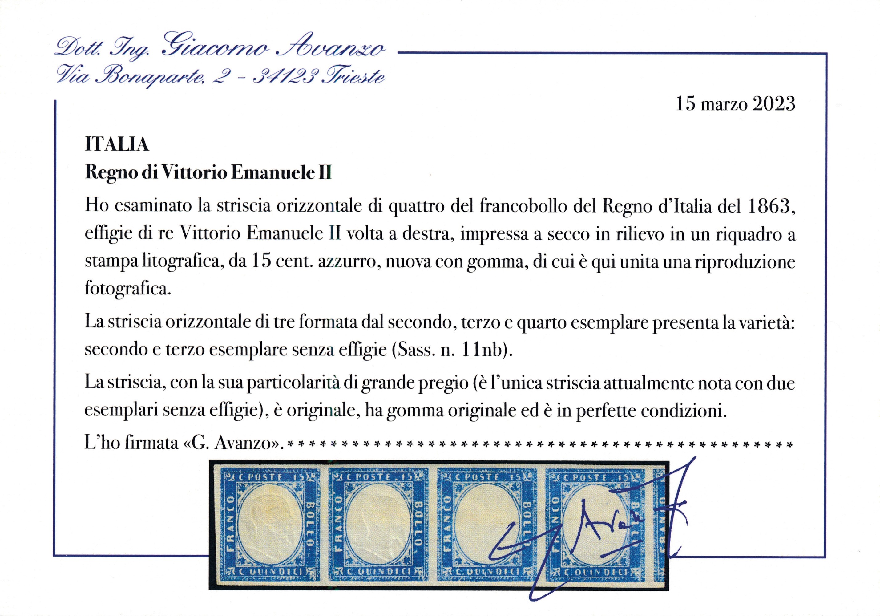 1863 - Regno D’italia - 15 Cent. Azzurro - Striscia Orizzontale, Nuova, di Tre Formata dal Second...