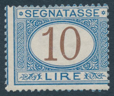 1874 - Regno D’italia - Segnatasse - 10 Lire Azzurro e Bruno (sass. 14).