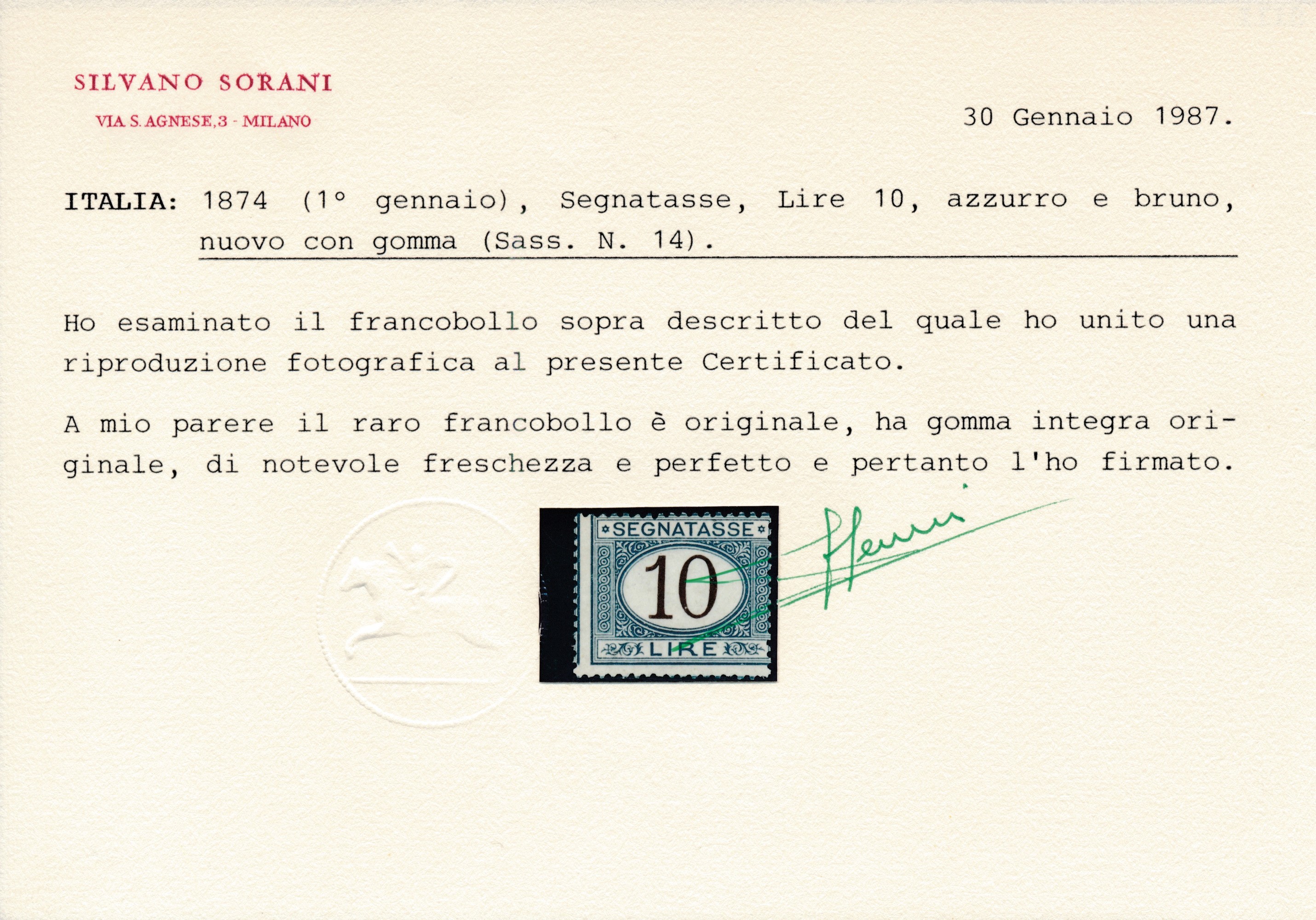 1874 - Regno D’italia - Segnatasse - 10 Lire Azzurro e Bruno (sass. 14).