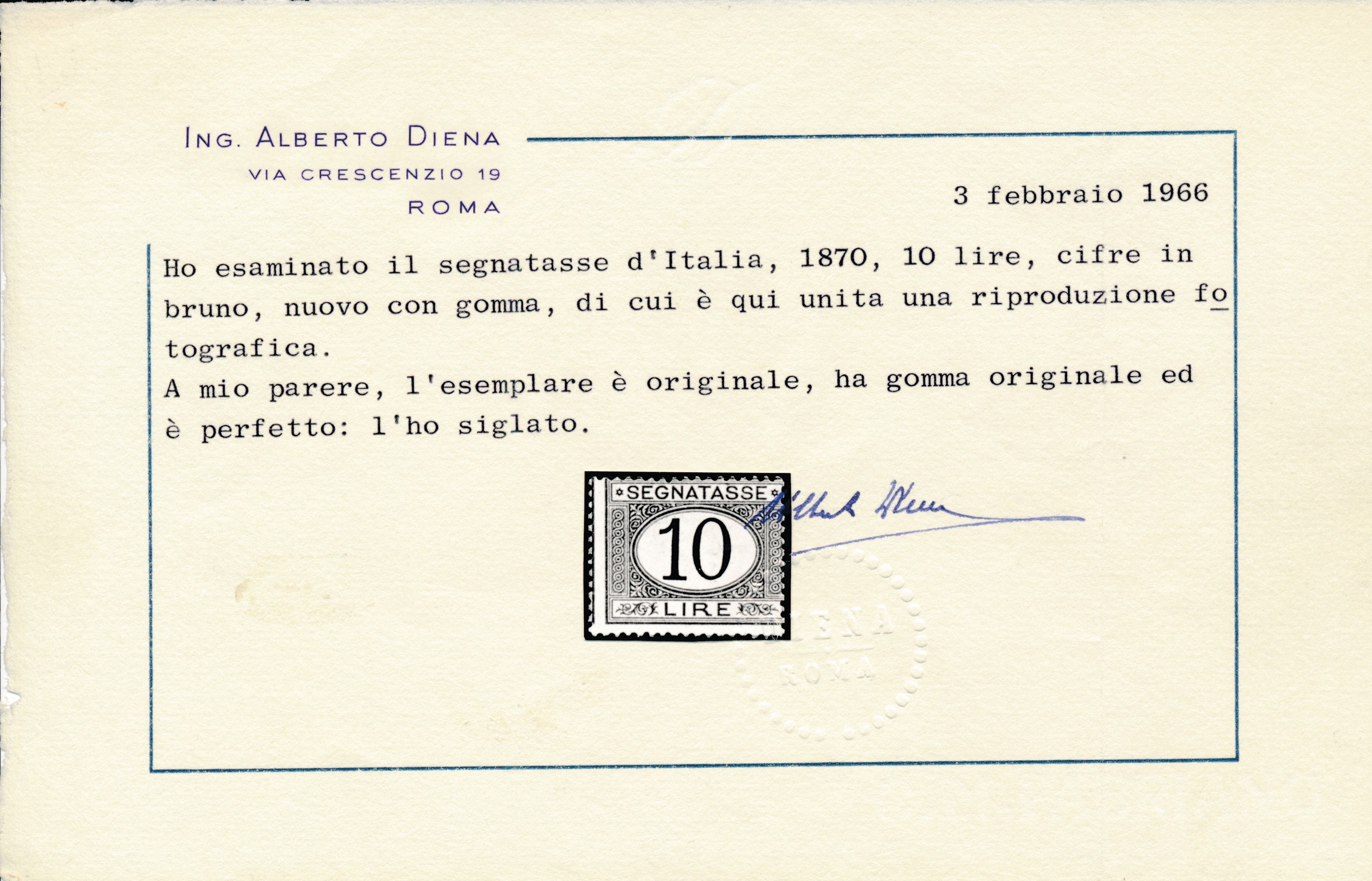 1874 - Regno D’italia - Segnatasse - 10 Lire Azzurro e Bruno (sass. 14).