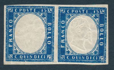 1863 - Regno D’italia - 15 Cent. Azzurro, Coppia Orizzontale, Nuova, di Cui un Esemplare Senza Ef...