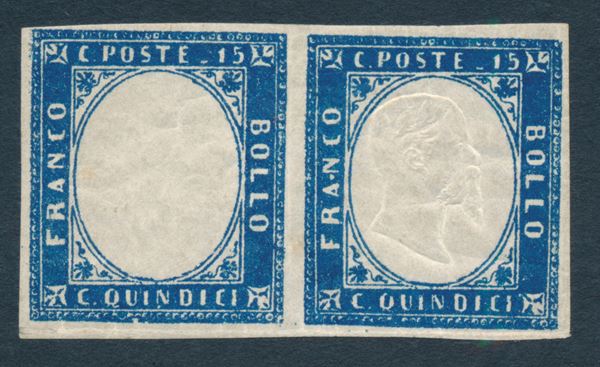 1863 - Regno d’Italia - 15 cent. azzurro, coppia orizzontale, nuova, di cui un esemplare senza effigie (Sass. 11n).