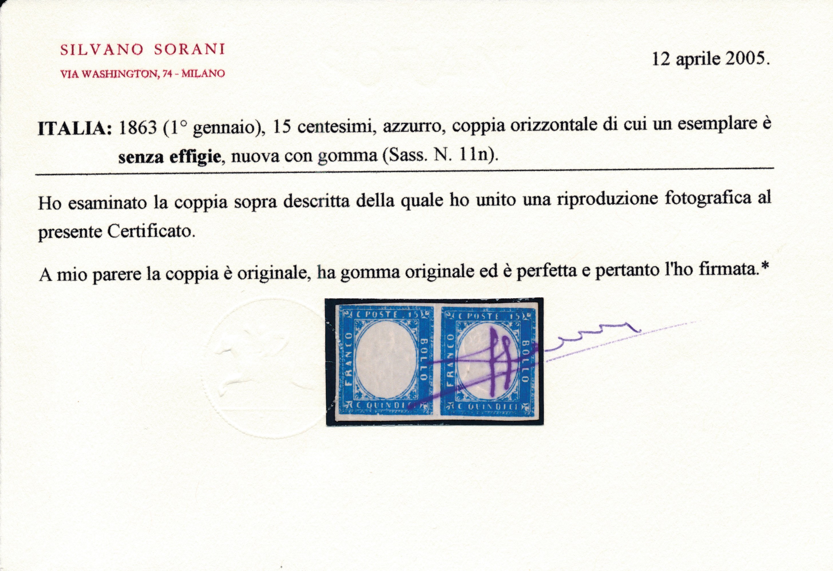 1863 - Regno D’italia - 15 Cent. Azzurro, Coppia Orizzontale, Nuova, di Cui un Esemplare Senza Ef...