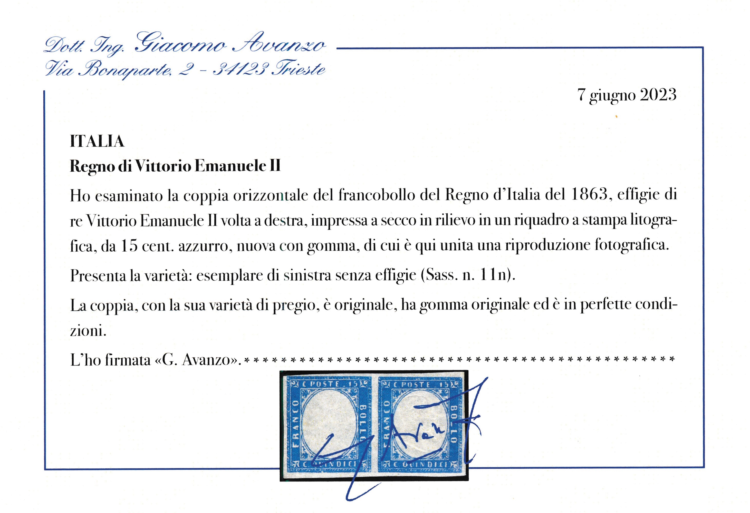 1863 - Regno D’italia - 15 Cent. Azzurro, Coppia Orizzontale, Nuova, di Cui un Esemplare Senza Ef...