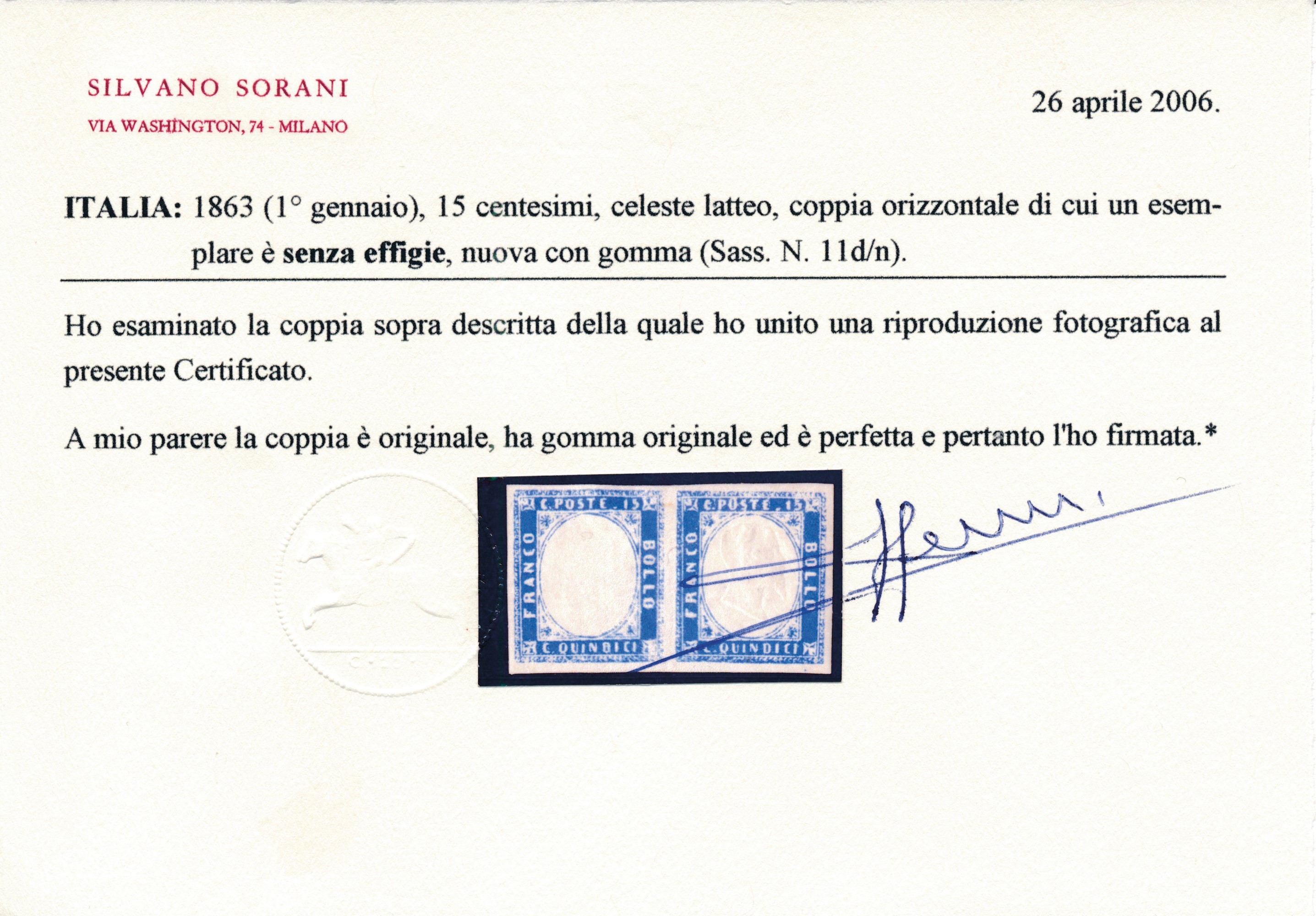 1863 - Regno D’italia - 15 Cent. Celeste Latteo, Coppia Orizzontale, Nuova, di Cui un Esemplare S...